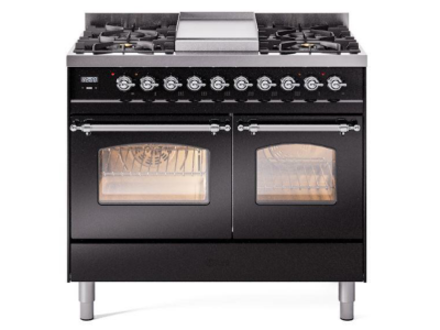 40" ILVE Nostalgie II Dual Fuel Natural Gas Freestanding Range in Glossy Black with Chrome Trim - UPD40FNMP/BKC NG