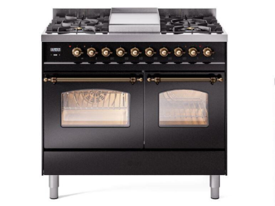40" ILVE Nostalgie II Dual Fuel Natural Gas Freestanding Range in Glossy Black with Bronze Trim - UPD40FNMP/BKB NG