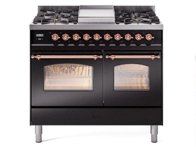40" ILVE Nostalgie II Dual Fuel Natural Gas Freestanding Range in Glossy Black with Copper Trim - UPD40FNMP/BKP NG