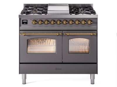 40" ILVE Nostalgie II Dual Fuel Natural Gas Freestanding Range in Matte Graphite with Brass Trim - UPD40FNMP/MGG NG