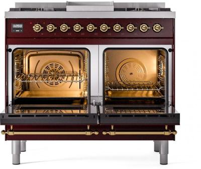 40" ILVE Nostalgie II Dual Fuel Natural Gas Freestanding Range in Burgundy with Brass Trim - UPD40FNMP/BUG NG