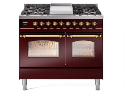 40" ILVE Nostalgie II Dual Fuel Natural Gas Freestanding Range in Burgundy with Brass Trim - UPD40FNMP/BUG NG