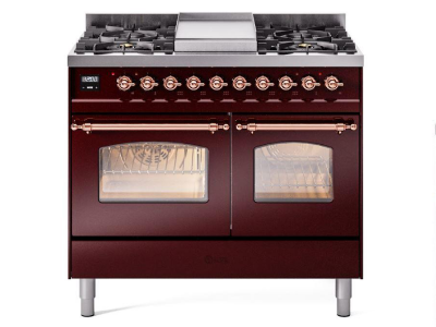 40" ILVE Nostalgie II Dual Fuel Natural Gas Freestanding Range in Burgundy with Copper Trim - UPD40FNMP/BUP NG