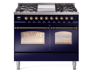 40" ILVE Nostalgie II Dual Fuel Natural Gas Freestanding Range in Blue with Bronze Trim - UPD40FNMP/MBB NG