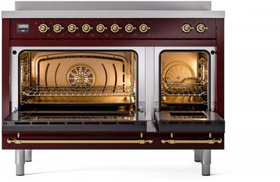 48" ILVE Nostalgie II Electric Freestanding Range in Burgundy with Brass Trim - UPI486NMP/BUG