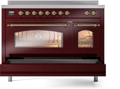 48" ILVE Nostalgie II Electric Freestanding Range in Burgundy with Brass Trim - UPI486NMP/BUG