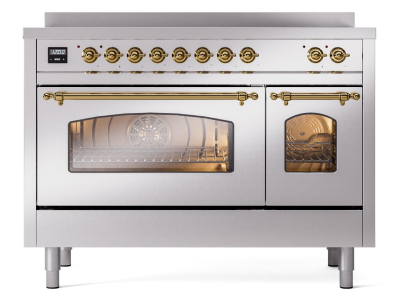 48" ILVE Nostalgie II Electric Freestanding Range in Stainless Steel with Brass Trim - UPI486NMP/SSG