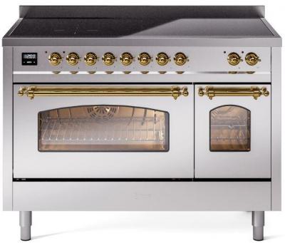 48" ILVE Nostalgie II Electric Freestanding Range in Stainless Steel with Brass Trim - UPI486NMP/SSG