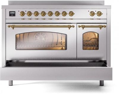 48" ILVE Nostalgie II Electric Freestanding Range in Stainless Steel with Brass Trim - UPI486NMP/SSG