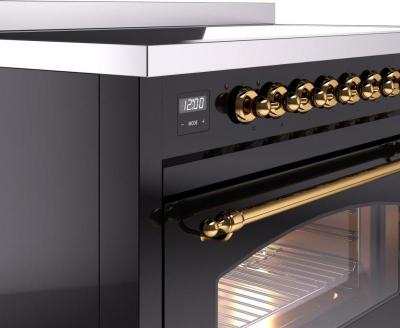 48" ILVE Nostalgie II Electric Freestanding Range in Glossy Black with Brass Trim - UPI486NMP/BKG