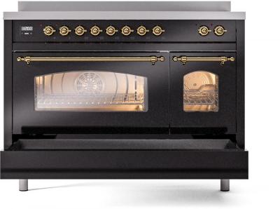 48" ILVE Nostalgie II Electric Freestanding Range in Glossy Black with Brass Trim - UPI486NMP/BKG