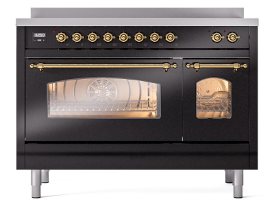 48" ILVE Nostalgie II Electric Freestanding Range in Glossy Black with Brass Trim - UPI486NMP/BKG