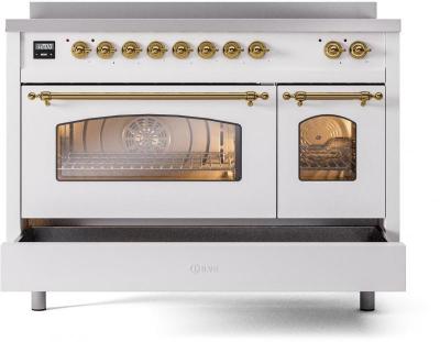 48" ILVE Nostalgie II Electric Freestanding Range in White with Brass Trim - UPI486NMP/WHG