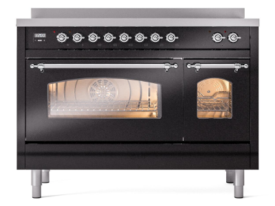 48" ILVE Nostalgie II Electric Freestanding Range in Glossy Black with Chrome Trim - UPI486NMP/BKC