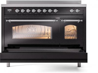 48" ILVE Nostalgie II Electric Freestanding Range in Glossy Black with Chrome Trim - UPI486NMP/BKC