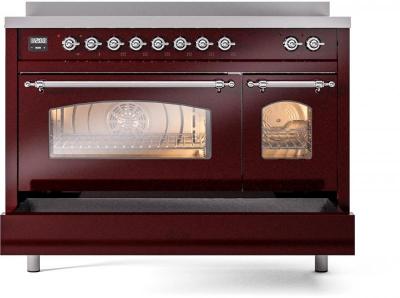 48" ILVE Nostalgie II Electric Freestanding Range in Burgundy with Chrome Trim - UPI486NMP/BUC