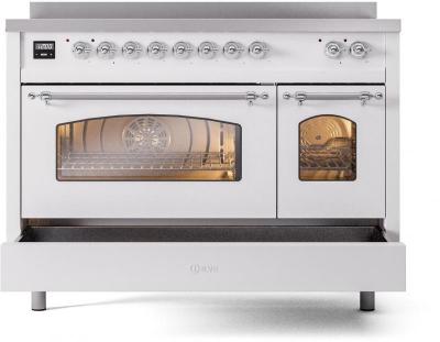 48" ILVE Nostalgie II Electric Freestanding Range in White with Chrome Trim - UPI486NMP/WHC