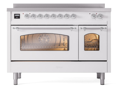 48" ILVE Nostalgie II Electric Freestanding Range in White with Chrome Trim - UPI486NMP/WHC