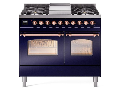 40" ILVE Nostalgie II Dual Fuel Natural Gas Freestanding Range in Blue with Copper Trim - UPD40FNMP/MBP NG