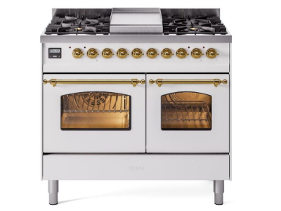 40" ILVE Nostalgie II Dual Fuel Natural Gas Freestanding Range in White with Brass Trim - UPD40FNMP/WHG NG