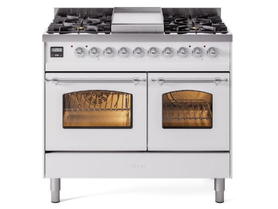 40" ILVE Nostalgie II Dual Fuel Natural Gas Freestanding Range in White with Chrome Trim - UPD40FNMP/WHC NG