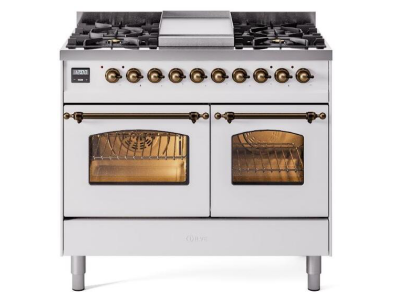 40" ILVE Nostalgie II Dual Fuel Natural Gas Freestanding Range in White with Bronze Trim - UPD40FNMP/WHB NG