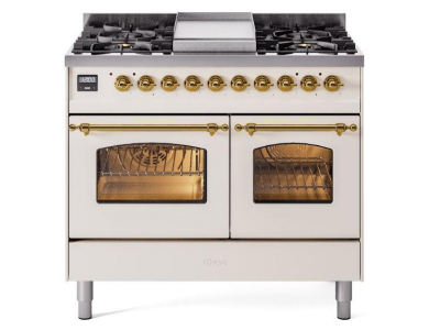 40" ILVE Nostalgie II Dual Fuel Natural Gas Freestanding Range in Antique White with Brass Trim - UPD40FNMP/AWG NG