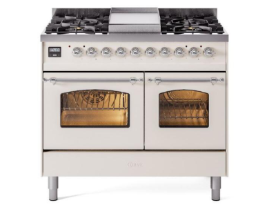 40" ILVE Nostalgie II Dual Fuel Natural Gas Freestanding Range in Antique White with ChromeTrim - UPD40FNMP/AWC NG