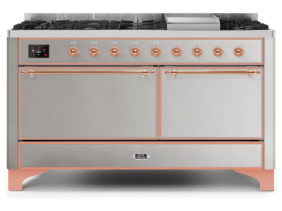 60" ILVE Majestic II Dual Fuel Natural Gas Range with Copper Trim in Stainless Steel - UM15FDQNS3/SSP NG