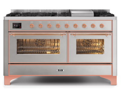 60" ILVE Majestic II Dual Fuel Natural Gas Range with Copper Trim in Stainless Steel - UM15FDNS3/SSP NG