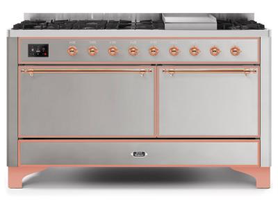 60" ILVE Majestic II Dual Fuel Liquid Propane Range with Copper Trim in Stainless Steel - UM15FDQNS3/SSP LP