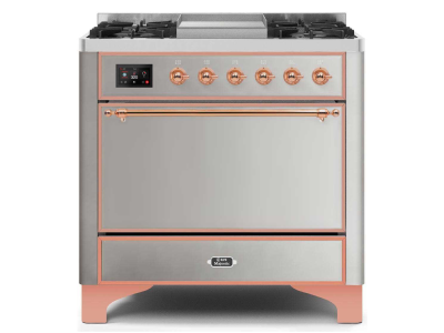 36" ILVE Majestic II Dual Fuel Liquid Propane Range with Copper Trim in Stainless Steel - UM09FDQNS3/SSP LP