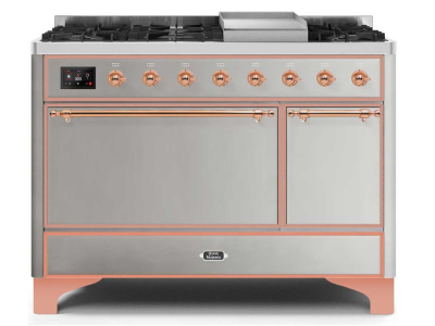 48" ILVE Majestic II Dual Fuel Natural Gas Range with Copper Trim in Stainless Steel - UM12FDQNS3/SSP NG