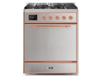 30" ILVE Majestic II Dual Fuel Liquid Propane Range with Copper Trim in Stainless Steel - UM30DQNE3/SSP LP