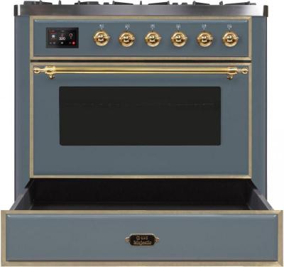 36" ILVE Majestic II Dual Fuel Liquid Propane Freestanding Range in Blue Grey with Brass Trim - UM09FDNS3/BGG LP