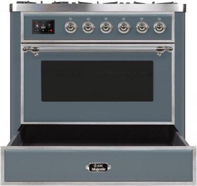 36" ILVE Majestic II Dual Fuel Natural Gas Freestanding Range in Blue Grey with Chrome Trim - UM09FDNS3/BGC NG