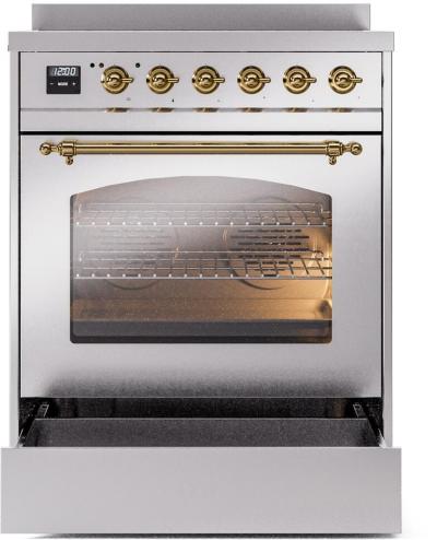 30" ILVE Nostalgie II Electric  Freestanding Range in Stainless Steel with Brass Trim - UPI304NMP/SSG