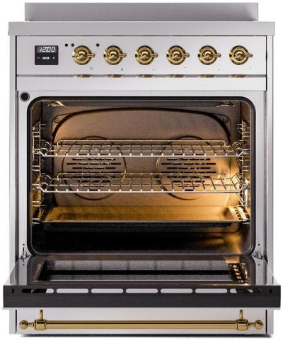 30" ILVE Nostalgie II Electric  Freestanding Range in Stainless Steel with Brass Trim - UPI304NMP/SSG