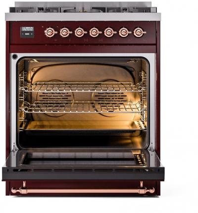 30" ILVE Nostalgie II Dual Fuel Liquid Propane Freestanding Range in Burgundy with Copper Trim - UP30NMP/BUP LP