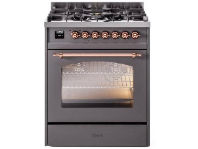 30" ILVE Nostalgie II Dual Fuel Liquid Propane Freestanding Range in Matte Graphite with Copper Trim - UP30NMP/MGP LP