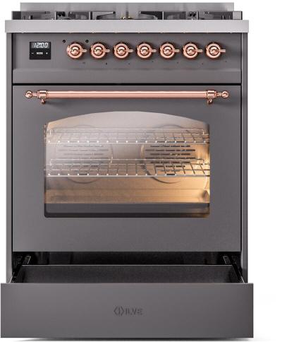 30" ILVE Nostalgie II Dual Fuel Liquid Propane Freestanding Range in Matte Graphite with Copper Trim - UP30NMP/MGP LP