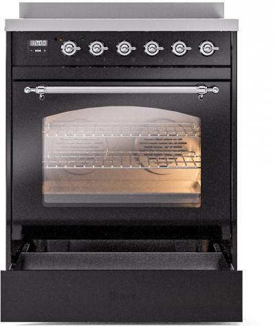 30" ILVE Nostalgie II Electric  Freestanding Range in Glossy Black with Chrome Trim - UPI304NMP/BKC