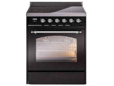 30" ILVE Nostalgie II Electric  Freestanding Range in Glossy Black with Chrome Trim - UPI304NMP/BKC