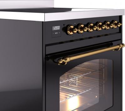 30" ILVE Nostalgie II Electric  Freestanding Range in Glossy Black with Brass Trim - UPI304NMP/BKG