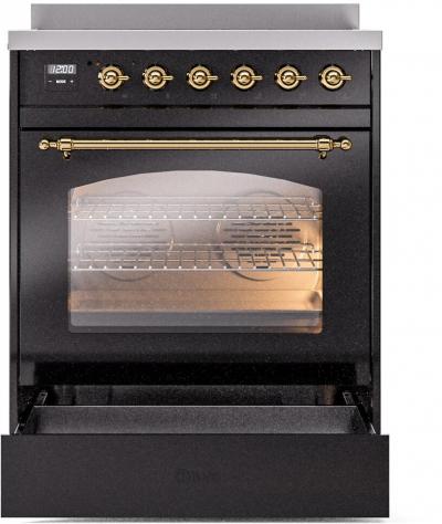 30" ILVE Nostalgie II Electric  Freestanding Range in Glossy Black with Brass Trim - UPI304NMP/BKG