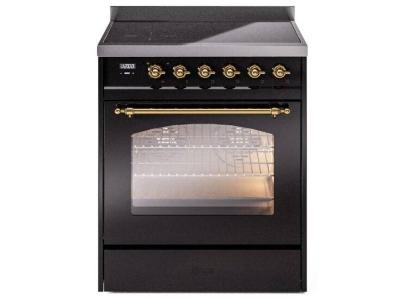 30" ILVE Nostalgie II Electric  Freestanding Range in Glossy Black with Brass Trim - UPI304NMP/BKG