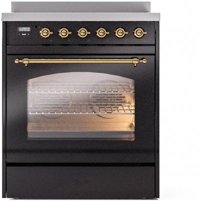 30" ILVE Nostalgie II Electric  Freestanding Range in Glossy Black with Brass Trim - UPI304NMP/BKG