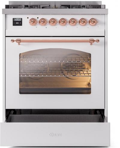 30" ILVE Nostalgie II Dual Fuel Liquid Propane Freestanding Range in White with Copper Trim - UP30NMP/WHP LP