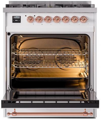 30" ILVE Nostalgie II Dual Fuel Liquid Propane Freestanding Range in White with Copper Trim - UP30NMP/WHP LP