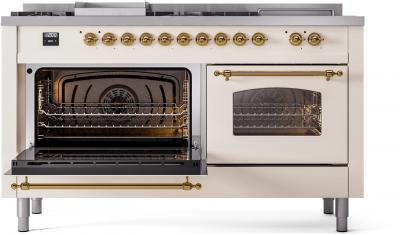 60" ILVE Nostalgie II Dual Fuel Liquid Propane Freestanding Range in Antique White with Brass Trim - UP60FSNMP/AWG LP